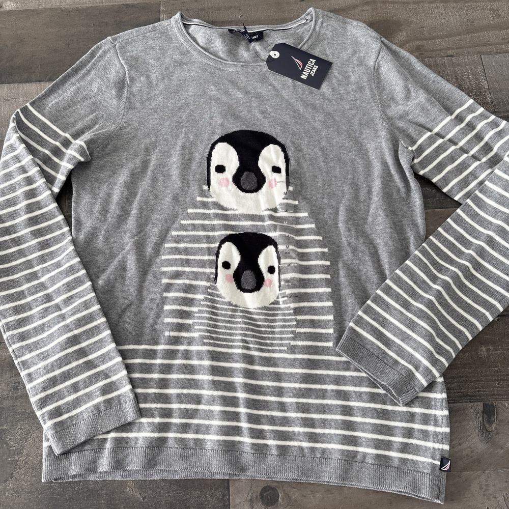NAUTICA JEANS Gray & White Cute Penguins Sweater Long Sleeve Womens M cotton New